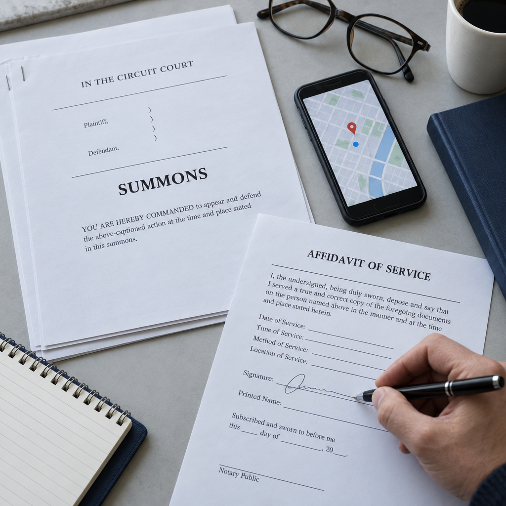 An affidavit of service being signed beside a court summons and a phone showing a map pin