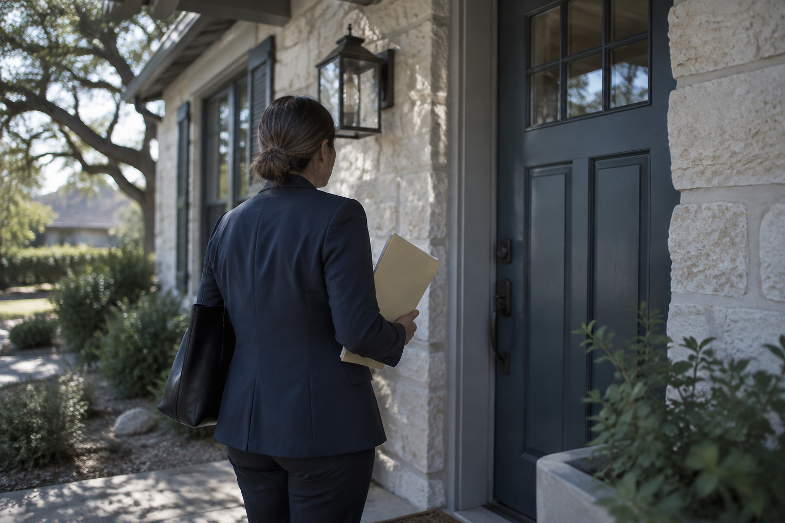Process server in a navy blazer at the front door of a Central Texas home holding an envelope of legal documents